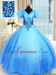 Fine Baby Blue Lace Up V-neck Appliques Ball Gown Prom Dress Organza Short Sleeves