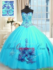 Cute Baby Blue Sweetheart Lace Up Beading and Appliques and Embroidery Vestidos de Quinceanera Sleeveless