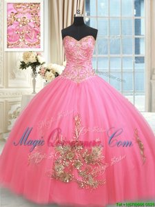 Rose Pink Lace Up Sweetheart Beading and Appliques and Embroidery 15th Birthday Dress Tulle Sleeveless