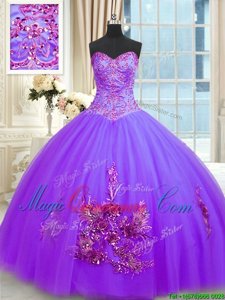 Noble Purple Ball Gowns Beading and Appliques and Embroidery Quinceanera Gown Lace Up Tulle Sleeveless Floor Length