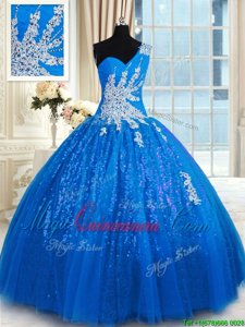 One Shoulder Sleeveless Tulle and Sequined Floor Length Lace Up 15 Quinceanera Dress in Blue for with Appliques