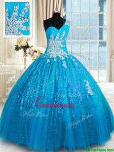 Attractive One Shoulder Sleeveless Tulle and Sequined Sweet 16 Dress Appliques Lace Up