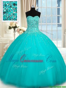 Sweetheart Sleeveless Tulle Quinceanera Gowns Beading Lace Up