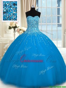 Sleeveless Floor Length Beading and Ruffles Lace Up Quinceanera Gown with Teal