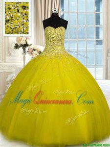 Elegant Yellow Quince Ball Gowns Military Ball and Sweet 16 and Quinceanera and For with Beading Sweetheart Sleeveless Lace Up