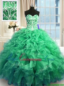 Admirable Sweetheart Sleeveless Quinceanera Dress Floor Length Beading and Ruffles Turquoise Organza