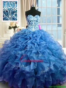 Sweetheart Sleeveless Lace Up 15th Birthday Dress Blue Organza