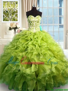 Fitting Olive Green Sweet 16 Dresses Military Ball and Sweet 16 and Quinceanera and For with Beading and Ruffles Sweetheart Sleeveless Lace Up