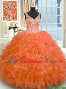 Orange Red Zipper V-neck Beading and Ruffles Sweet 16 Quinceanera Dress Organza Sleeveless