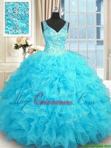 Flirting Baby Blue Ball Gowns Organza V-neck Sleeveless Beading and Ruffles Floor Length Zipper Quinceanera Dresses