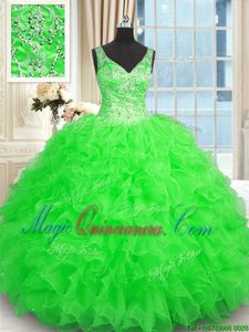 Dynamic Green Organza Zipper V-neck Sleeveless Floor Length Quinceanera Gown Beading and Ruffles