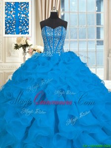 Dramatic Brush Train Ball Gowns Quinceanera Gowns Blue Sweetheart Organza Sleeveless With Train Lace Up