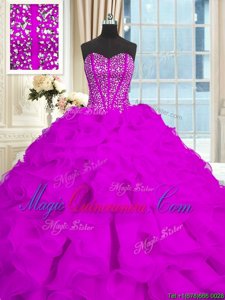 Sleeveless Brush Train Beading and Ruffles Lace Up Quinceanera Gown