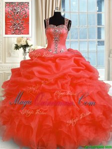 Unique Floor Length Red Sweet 16 Quinceanera Dress Organza Sleeveless Beading and Ruffles