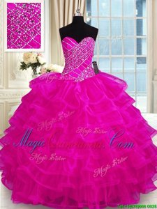 Captivating Floor Length Fuchsia Ball Gown Prom Dress Organza Sleeveless Beading and Ruffled Layers