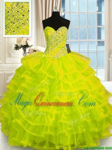 Flirting Yellow Green Lace Up Sweet 16 Dresses Beading and Ruffled Layers Sleeveless Floor Length