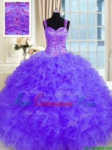 Purple Straps Lace Up Beading and Embroidery and Ruffles Vestidos de Quinceanera Long Sleeves