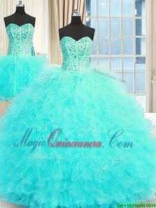 Most Popular Three Piece Tulle Strapless Sleeveless Lace Up Beading and Ruffles Quinceanera Gowns in Aqua Blue