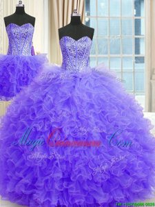 Exquisite Three Piece Floor Length Ball Gowns Sleeveless Lavender Quinceanera Dress Lace Up