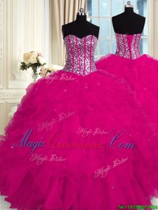 Low Price Fuchsia Ball Gowns Organza Sweetheart Sleeveless Beading and Ruffles Floor Length Lace Up Quinceanera Gowns