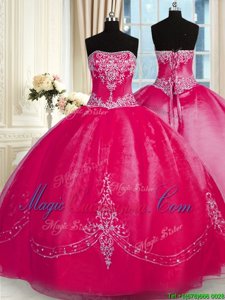 Smart Fuchsia Strapless Lace Up Beading and Embroidery Quinceanera Dress Sleeveless