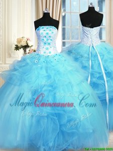 Latest Baby Blue Lace Up Quinceanera Gown Pick Ups and Hand Made Flower Sleeveless Floor Length