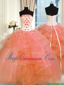 Fabulous Sleeveless Floor Length Pick Ups and Hand Made Flower Lace Up Sweet 16 Quinceanera Dress with Orange