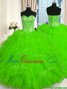 Sleeveless Floor Length Beading and Ruffles Lace Up Vestidos de Quinceanera with