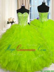 Sleeveless Floor Length Beading and Ruffles Lace Up Vestidos de Quinceanera with Yellow Green