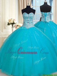 Sequins Floor Length Aqua Blue Ball Gown Prom Dress Sweetheart Sleeveless Lace Up