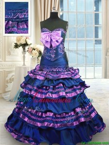 Sleeveless Brush Train Lace Up Appliques and Ruffled Layers and Bowknot Vestidos de Quinceanera