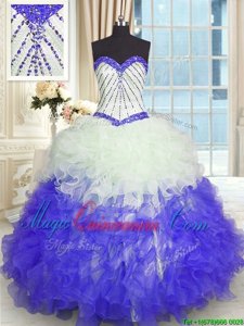 Sleeveless Floor Length Beading and Ruffles Lace Up Quince Ball Gowns with Blue And White