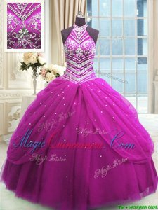 Romantic Floor Length Fuchsia Sweet 16 Dresses High-neck Sleeveless Lace Up