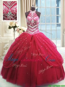 Floor Length Red Quince Ball Gowns Tulle Sleeveless Beading