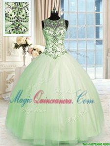 Scoop Sleeveless Lace Up Vestidos de Quinceanera Apple Green Tulle