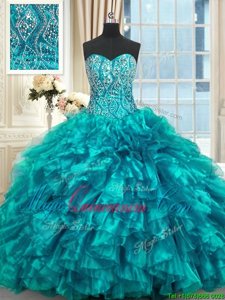 Classical Teal Organza Lace Up Sweet 16 Quinceanera Dress Sleeveless Brush Train Beading and Ruffles