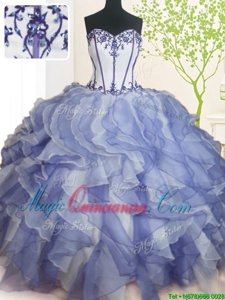 Blue And White Sleeveless Beading and Ruffles Floor Length Sweet 16 Quinceanera Dress