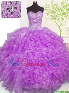 Custom Design Purple Ball Gowns Organza Sweetheart Sleeveless Beading and Ruffles and Pick Ups Floor Length Lace Up 15 Quinceanera Dress