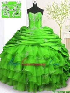 Unique Sleeveless Brush Train Beading and Appliques and Ruffled Layers and Pick Ups Lace Up Quinceanera Gown