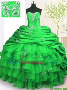 Green Strapless Neckline Beading and Appliques and Ruffled Layers and Pick Ups Quinceanera Dress Sleeveless Lace Up