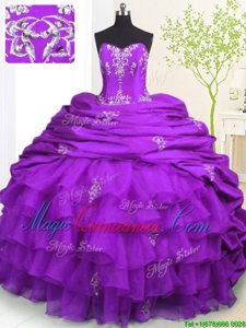 Custom Made Sleeveless Brush Train Beading and Appliques and Ruffled Layers and Pick Ups Lace Up Quinceanera Dresses