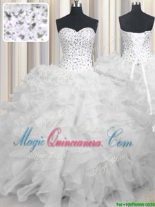 Fantastic White Organza Lace Up Quince Ball Gowns Sleeveless Floor Length Beading and Ruffles