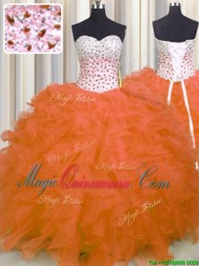 Suitable Sleeveless Organza Floor Length Lace Up 15th Birthday Dress in Orange Red for with Beading and Ruffles