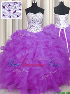 Lilac Ball Gowns Sweetheart Sleeveless Organza Floor Length Lace Up Beading and Ruffles Quince Ball Gowns