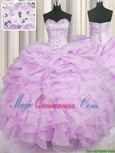 Lilac Ball Gown Prom Dress Military Ball and Sweet 16 and Quinceanera and For with Beading and Ruffles Sweetheart Sleeveless Lace Up