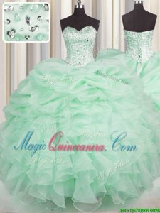 Apple Green Ball Gowns Organza Sweetheart Sleeveless Beading and Ruffles Floor Length Lace Up Quinceanera Dresses