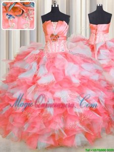 Pink And White Strapless Lace Up Beading and Ruffles and Hand Made Flower Quinceanera Dresses Sleeveless