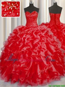 Halter Top Floor Length Ball Gowns Sleeveless Coral Red 15 Quinceanera Dress Lace Up