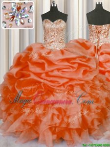 Cute Orange Red Sweet 16 Quinceanera Dress Military Ball and Sweet 16 and Quinceanera and For with Beading and Ruffles and Pick Ups Sweetheart Sleeveless Lace Up