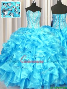 Deluxe Aqua Blue Lace Up Quinceanera Gown Beading and Ruffles Sleeveless Floor Length